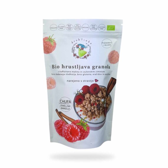Bio hrustljava granola z malino in cejlonskim cimetom, 300 g